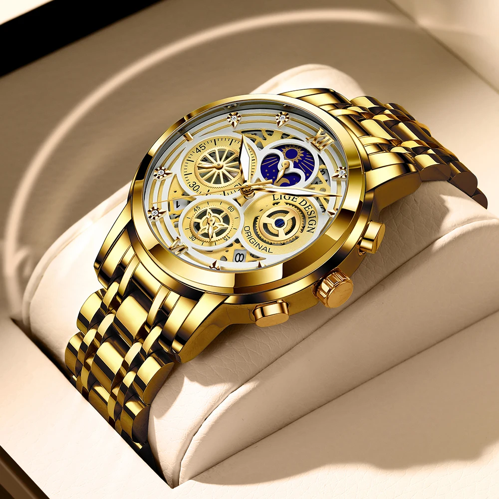 2022 Новые Спортивные Мужские часы LIGE, Лучший бренд Класса Люкс, Золотые Кварцевые часы Wrsit Из Нержавеющей Стали, Мужские Модные Полые Водонепроницаемые Хронографы