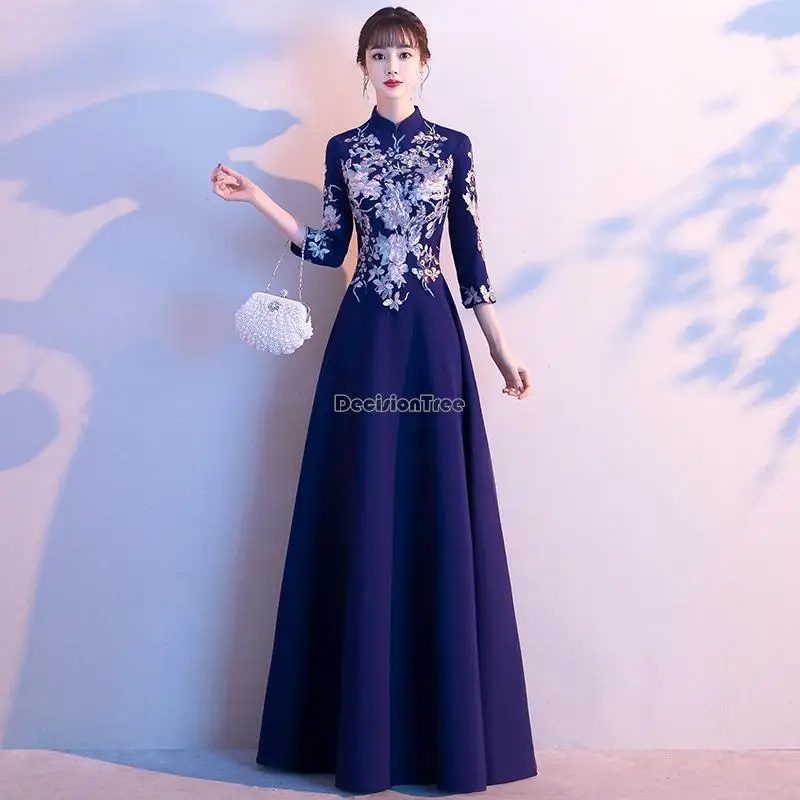 2023 вечернее платье чонсам, женское новое улучшенное платье в китайском стиле с длинным рукавом и воротником-стойкой, элегантное длинное платье ципао в китайском стиле s24