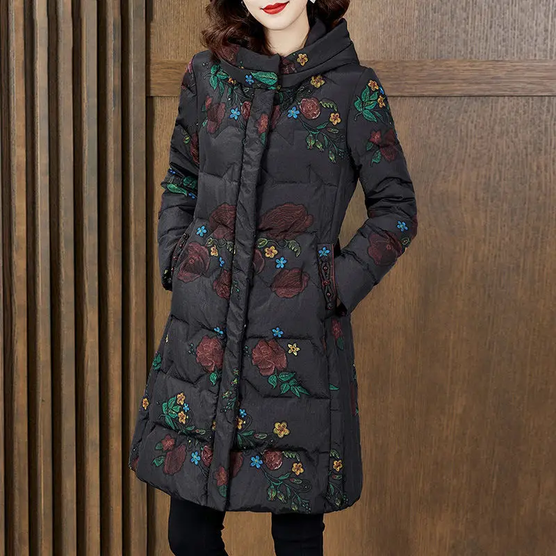 2023, Новое женское пальто на утином пуху, толстовка с капюшоном средней плотности, Элегантная легкая куртка с принтом, осенне-весенняя куртка, одежда T894