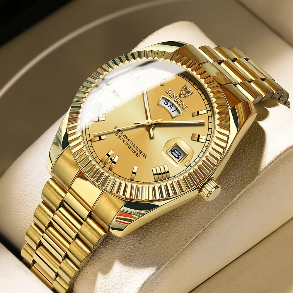 2023 Новые классические деловые роскошные золотые часы Для мужчин, лучший бренд, кварцевые водонепроницаемые светящиеся наручные часы с автоматической датой недели