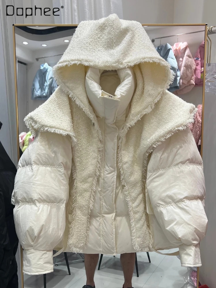 2023 Теплая одежда, Женская куртка-пуховик с коротким капюшоном, Вязаная шаль, Осенне-зимнее Свободное Женское пальто на белом утином пуху