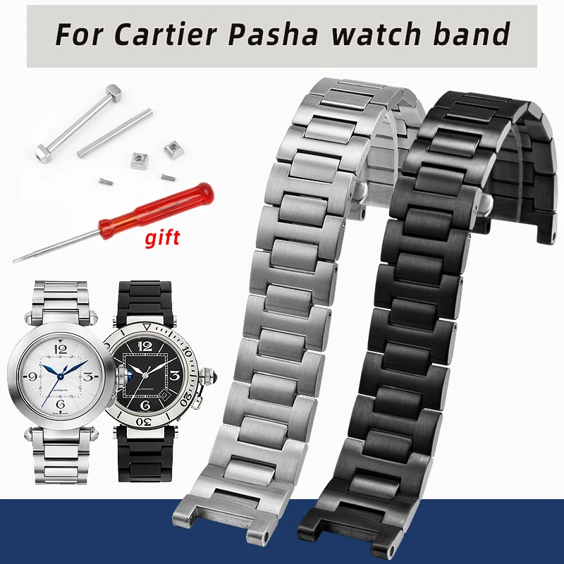 22-14 мм для Cartier PASHA seies ремешок для часов мужской из нержавеющей стали Серебристый, черный металлический ремешок для часов с Откидной застежкой браслет Без винта