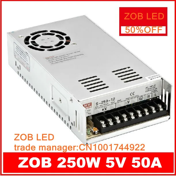 250 Вт S250W-5V-50A Светодиодный Импульсный источник Питания, 5 В 50 А, вход 85-265 В переменного тока, Для светодиодной ленты, выходная мощность 5 В-2 шт./лот