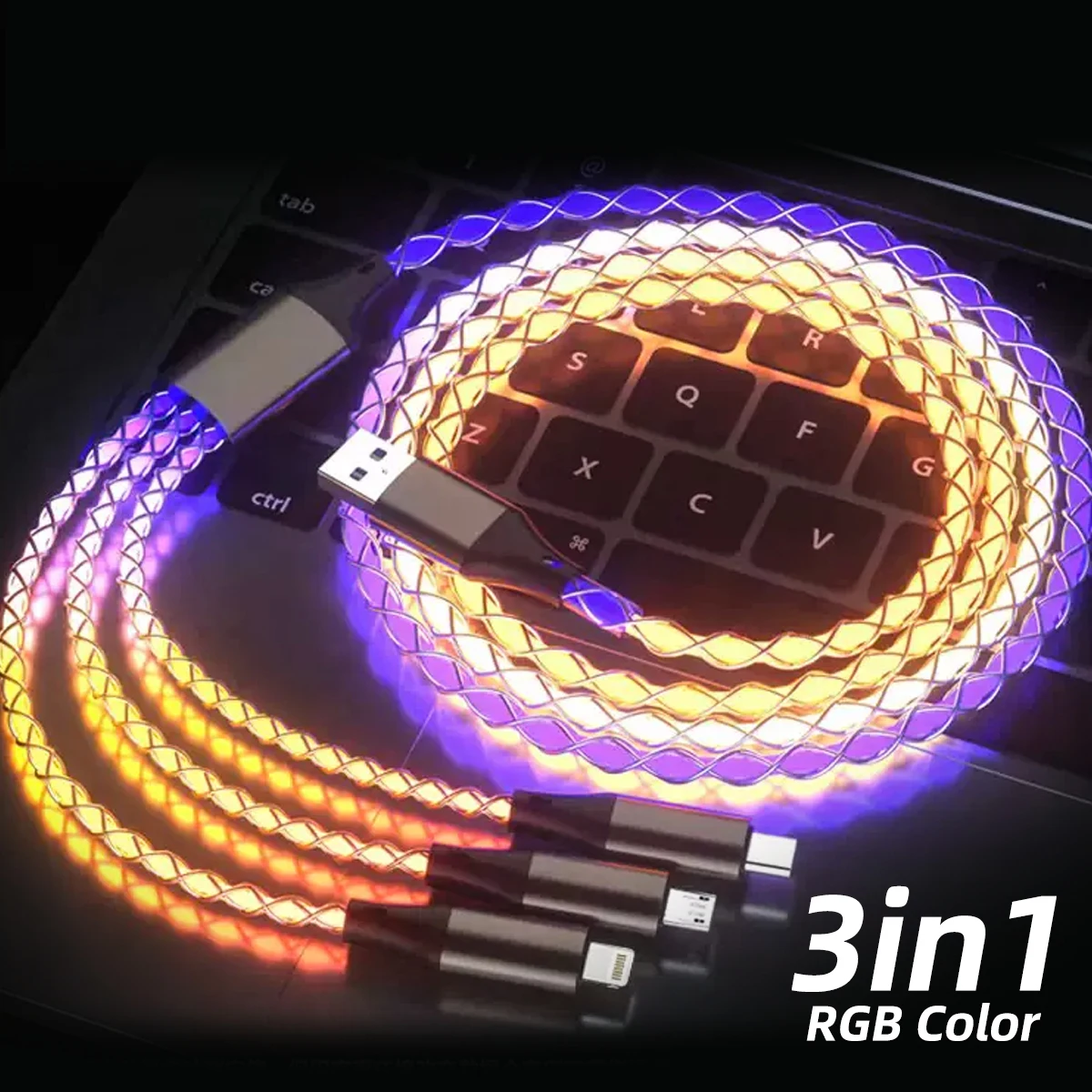 3 в 1 RGB USB Type C Микрокабель Glow Flowing 1,2 М Кабель Для Быстрой Зарядки USB Micro Charger светодиодный Провод для iPhone Samsung Huawei