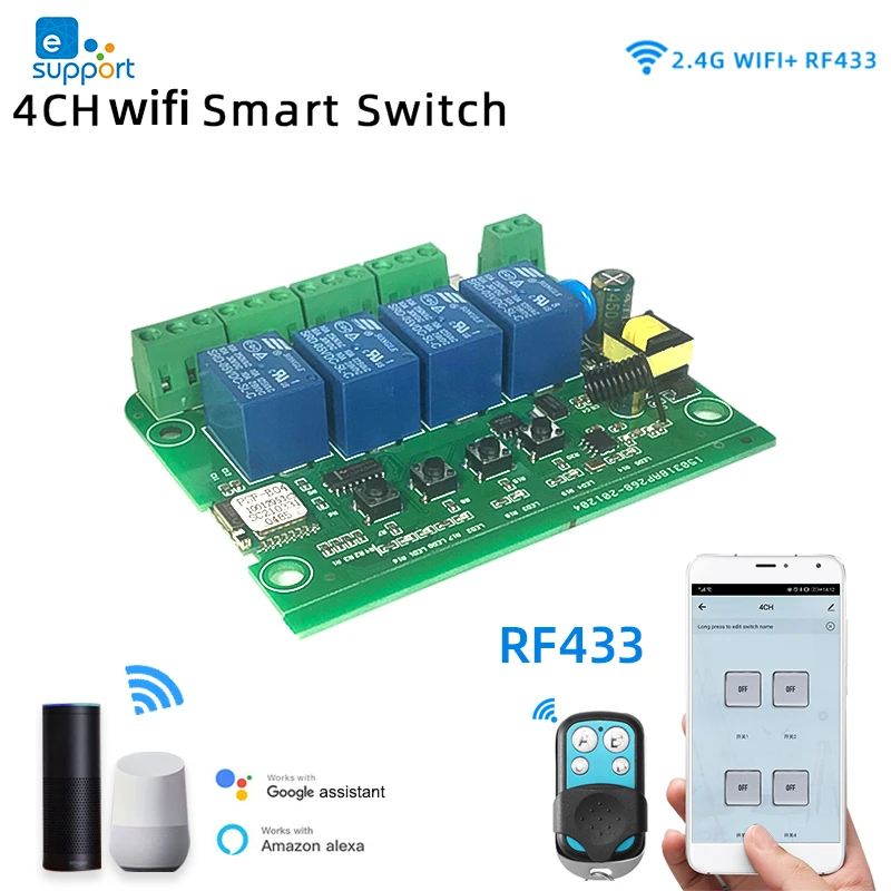 4-канальный WIFI Модуль eWeLink Smart Switch, 1CH 4CH Импульсное реле, DC 12V 24V 32V 110V 220V, Самоблокирующийся, Блокирующий, RF433 Пульт дистанционного управления