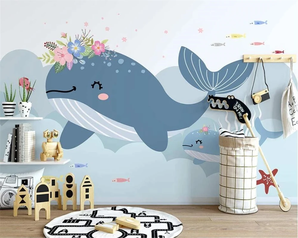 beibehang Индивидуальные новые обои с ручной росписью в скандинавском стиле, подводный кит, фон интерьера детской комнаты из папье-маше