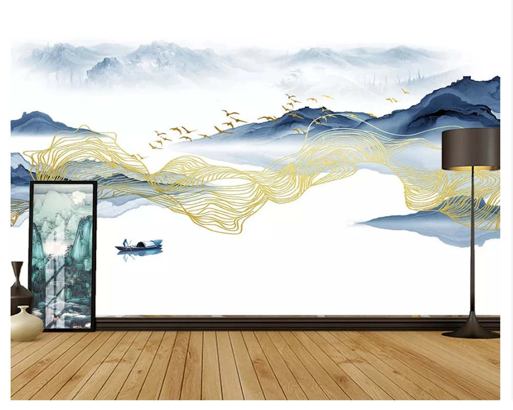 beibehang Классическая мода стерео обои новые китайские пейзажные чернила постмодернистская линия золотой фольги птица ТВ фоновые обои