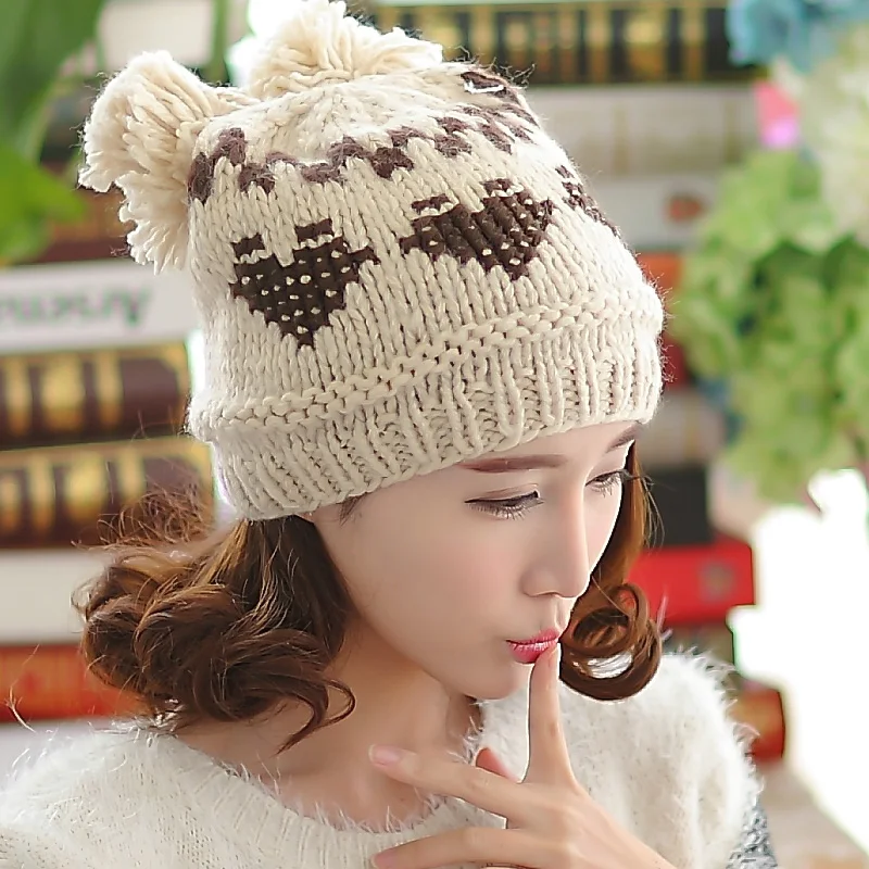 BomHCS, 100% женская зимне-осенняя вязаная шапка-бини ручной работы, мозаичная персиковая теплая женская шапочка с двумя шариками