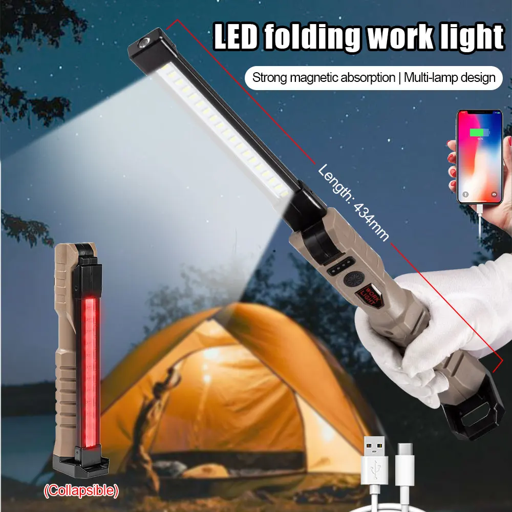 COB светодиодный Складной рабочий светильник, USB перезаряжаемый фонарик со встроенным аккумулятором, многофункциональный фонарик для кемпинга
