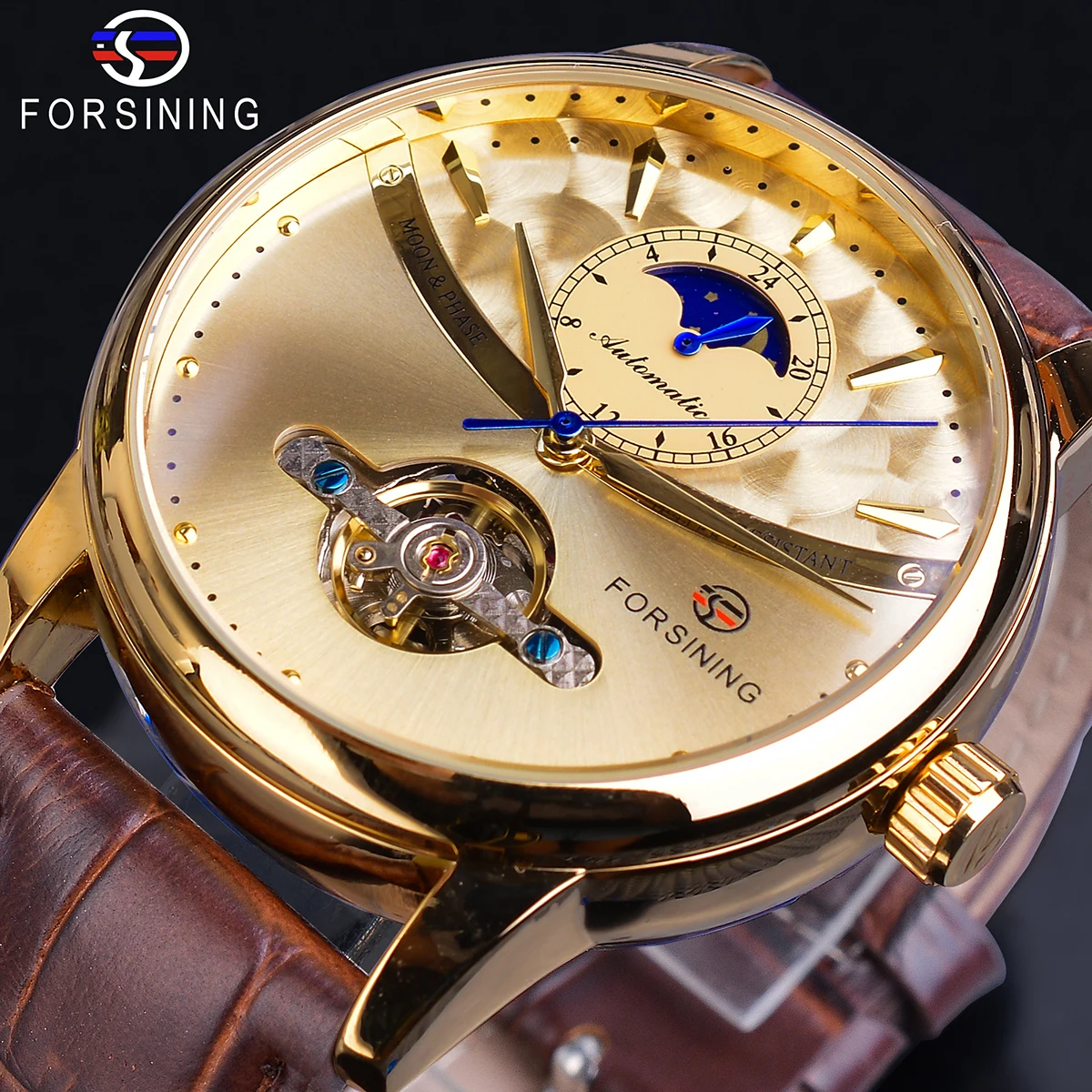 Forsining Moon Phase Автоматические часы Royal Men, Золотые водонепроницаемые механические наручные часы, Повседневные часы с Турбийоном из натуральной кожи