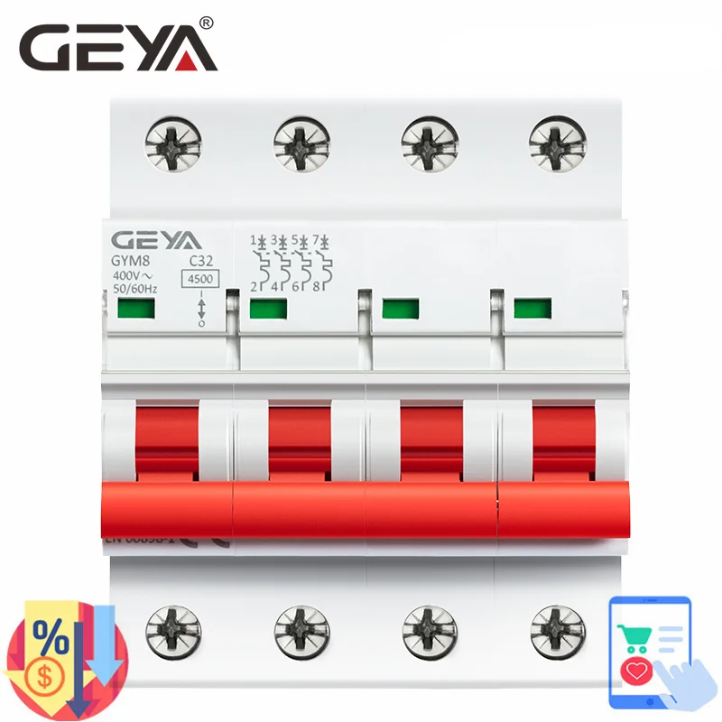 GEYA GYM8 4-полюсный Выключатель на Din-рейке, Миниатюрный автоматический выключатель 6A-63A на Din-рейке MCB 400V с Индикатором включения-ВЫКЛЮЧЕНИЯ