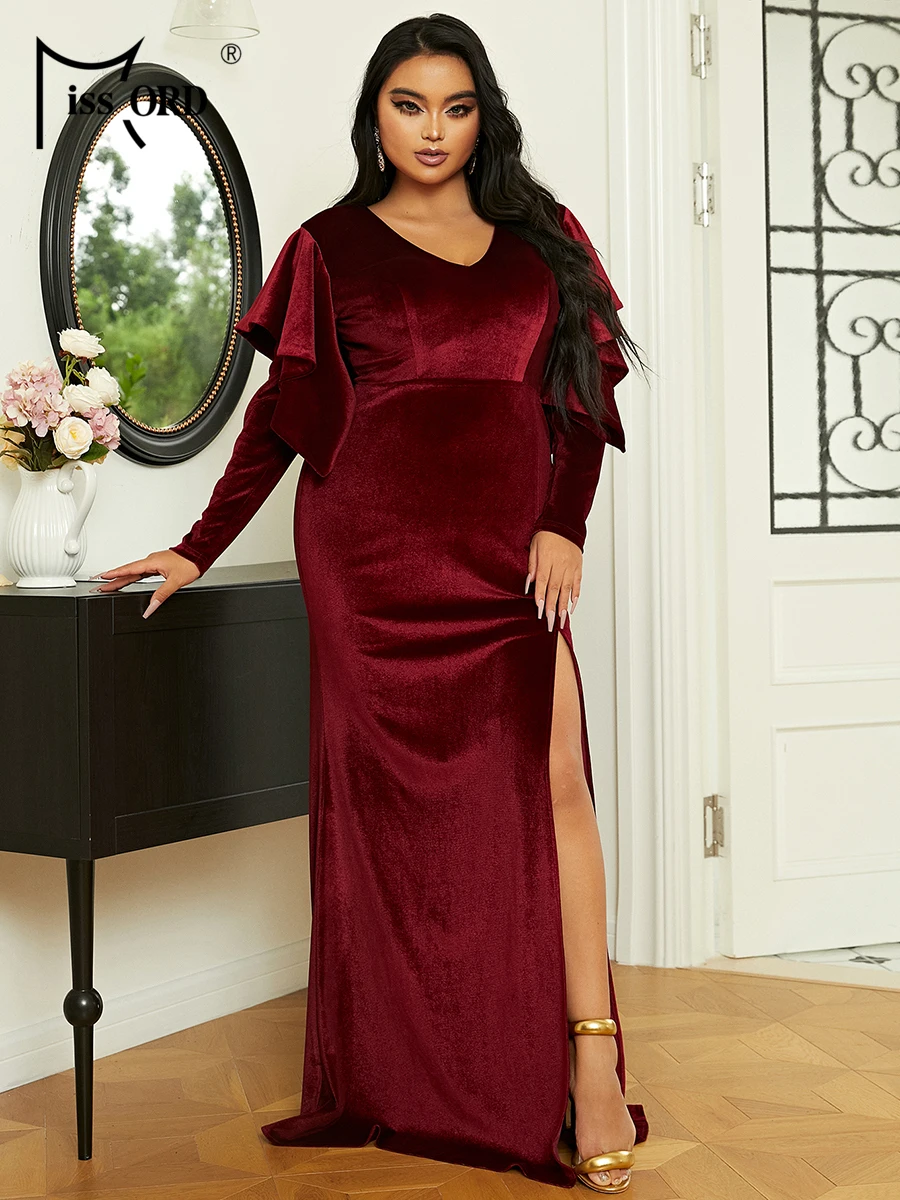 Missord Плюс Размер, бархатное бордовое платье для выпускного вечера с рюшами на рукавах, Женская одежда 4XL, Vestidos