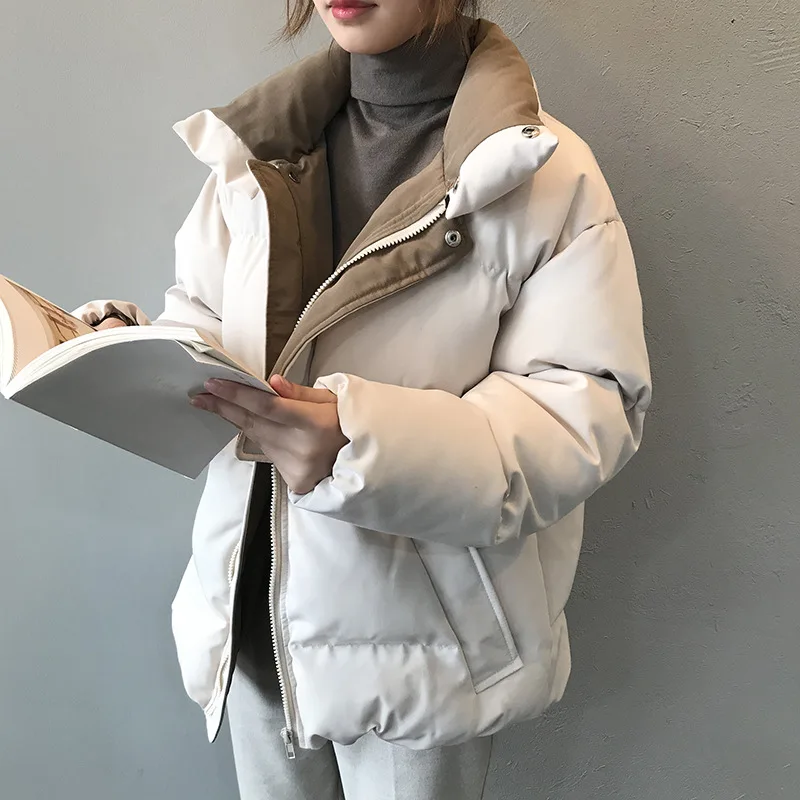 NEEDBO, новая зимняя женская куртка, пальто, Корейский стиль, бежевый пуховик с подкладкой, парки, Повседневная уличная одежда, прямое пальто на молнии из полиэстера