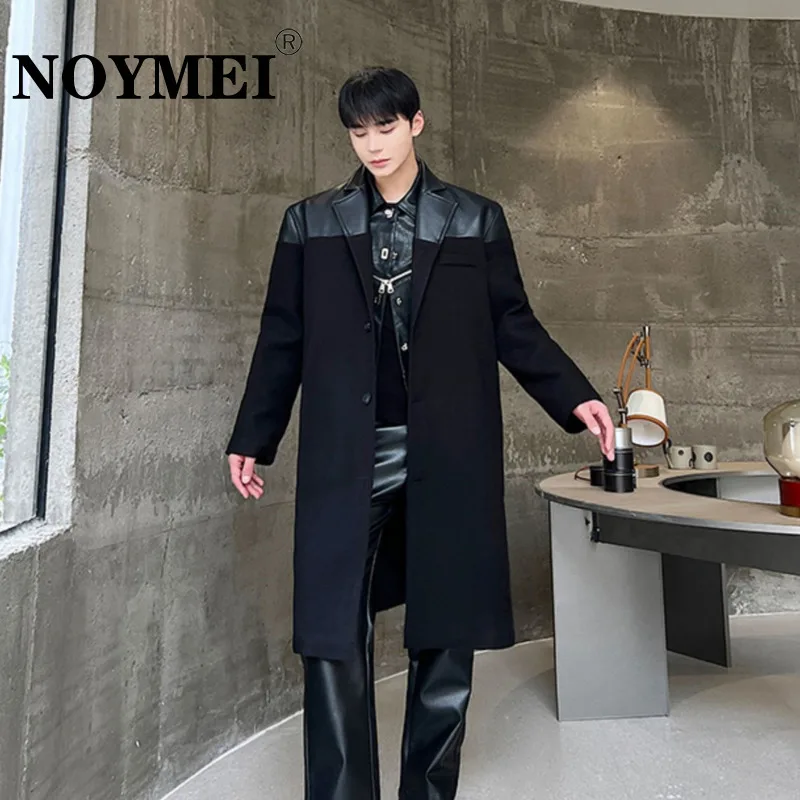 NOYMEI Персонализированное Шерстяное пальто в стиле пэчворк из искусственной кожи, Элегантный Тренч средней длины в корейском стиле 2023, Осенне-Зимняя мужская ветровка, черный WA2588
