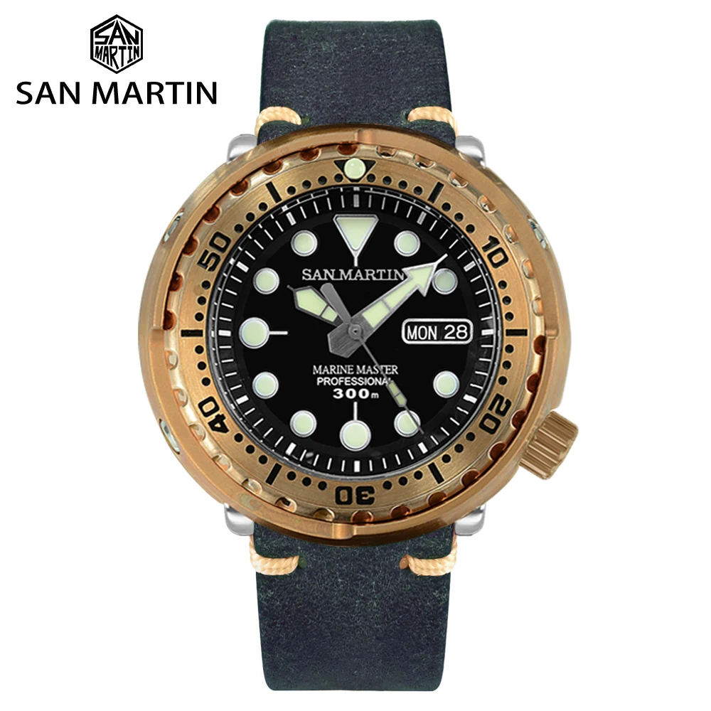 San Martin Diver Tuna Бронзовые автоматические механические мужские часы Кожаный ремешок Сапфировый люминесцентный 300-метровый Водонепроницаемый календарь Windows