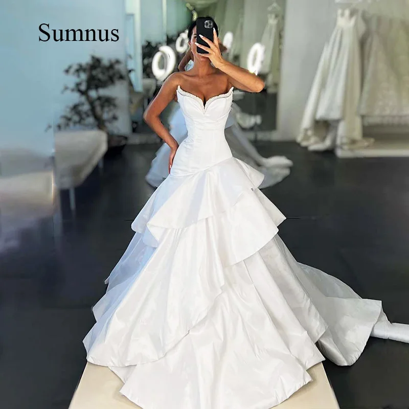 Sumnus Великолепное Белое Свадебное Платье, Многоуровневое Атласное Платье Невесты с V-образным вырезом и Блестками, Корсетные Свадебные платья Трапециевидной формы, Robe de Mariee 2022