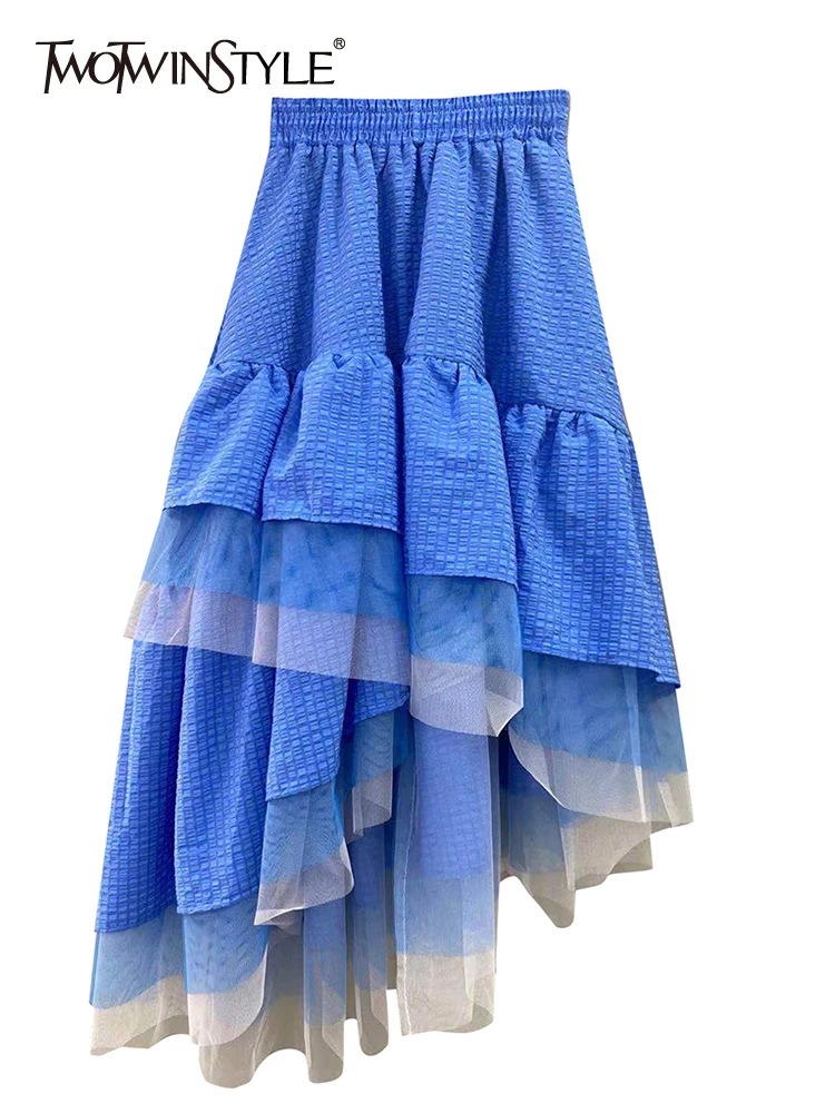 TWOTWINSTYLE, повседневная женская юбка миди из сетчатого материала в стиле пэчворк, высокая талия, Свободные юбки миди с неровным подолом, Женская модная одежда на лето