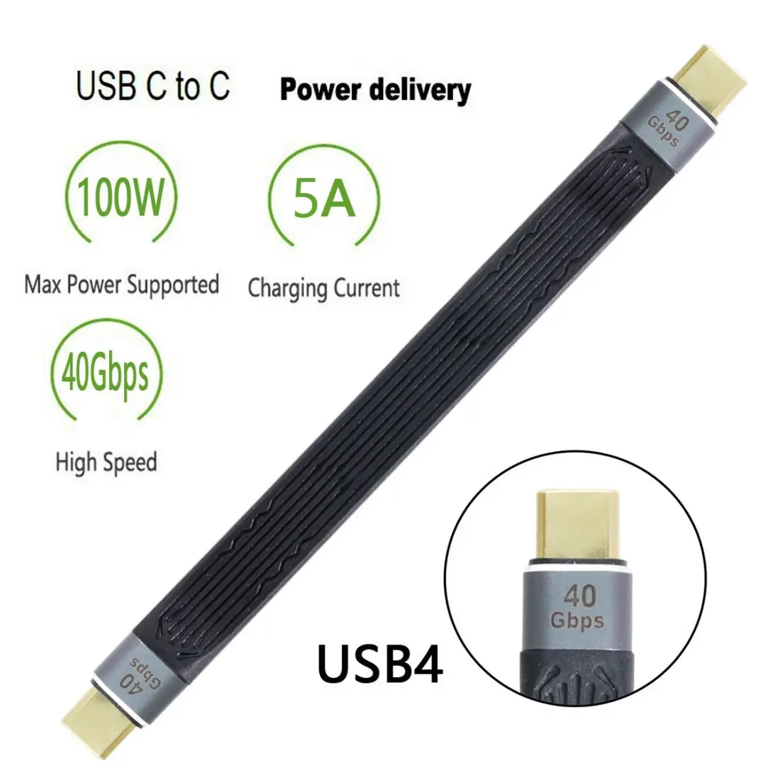 Xiwai 13 см USB-C Type-C от мужчины к мужчине USB4 40 Гбит/с 100 Вт 8 К Плоский Тонкий гибкий кабель для передачи данных для ноутбука и телефона