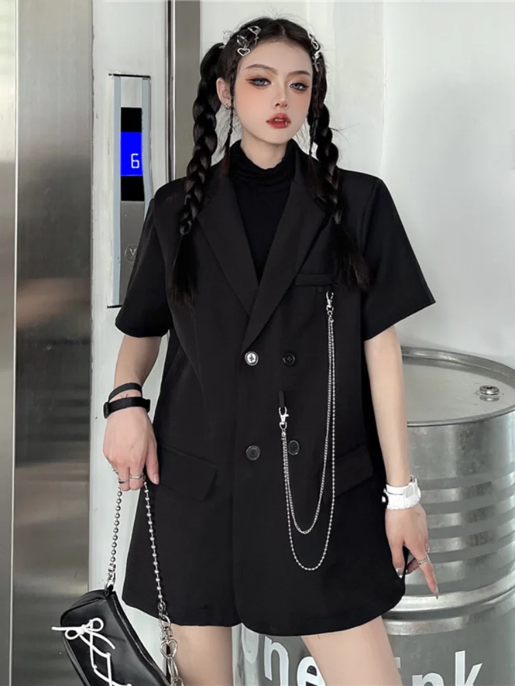 Y2k Эстетическая Корейская Модная женская куртка, Свободные Повседневные Винтажные универсальные куртки, Элегантное Пальто в стиле пэчворк с цепочкой с коротким рукавом 2023 г.