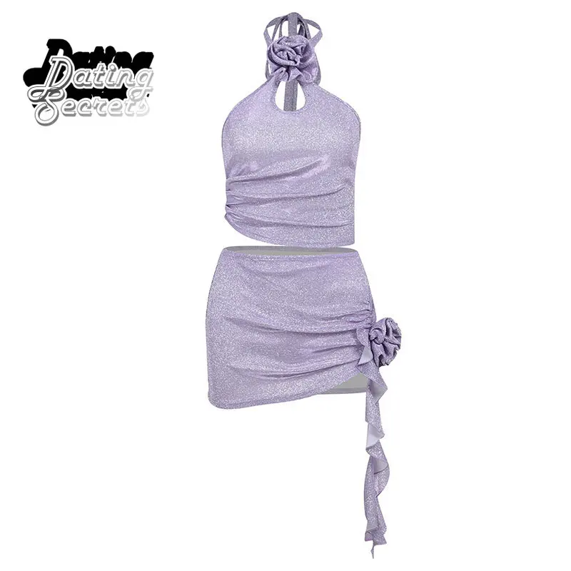 @YYDS, фиолетовый комплект для летней вечеринки, сексуальная приталенная пикантная девушка с объемным цветочным дизайном, топ с вырезом горловины