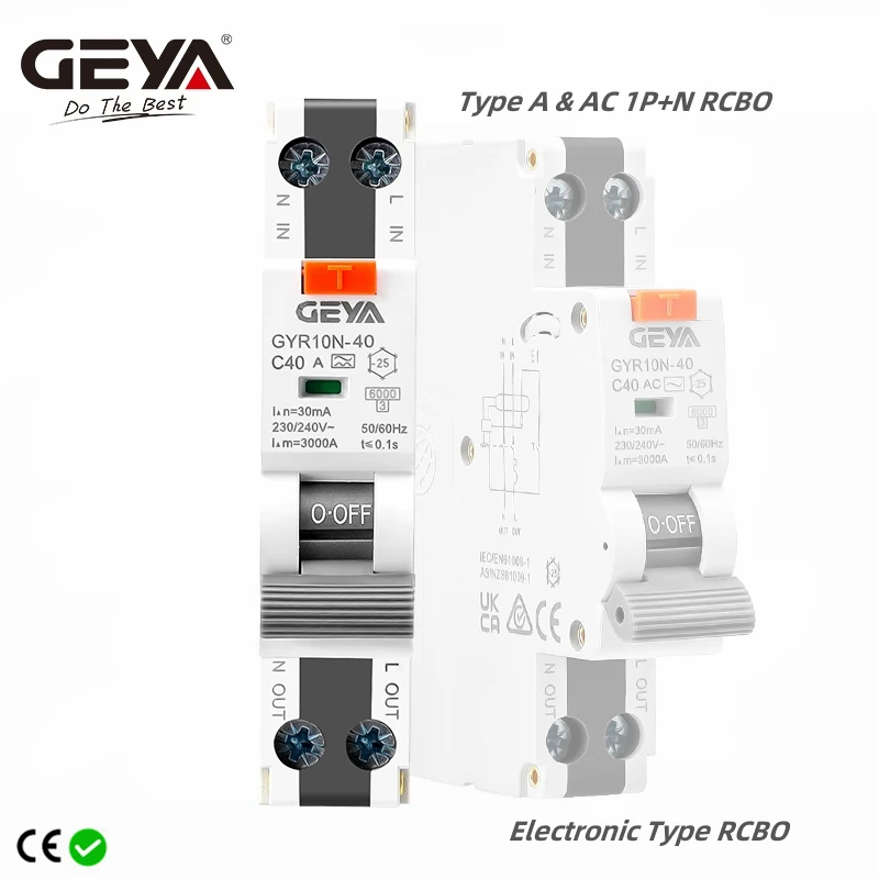 Автоматический выключатель остаточного тока GEYA GYR10N-40 электронного типа RCBO 18 мм 230 В 1P + N 6KA с Максимальным током перегрузки 40A
