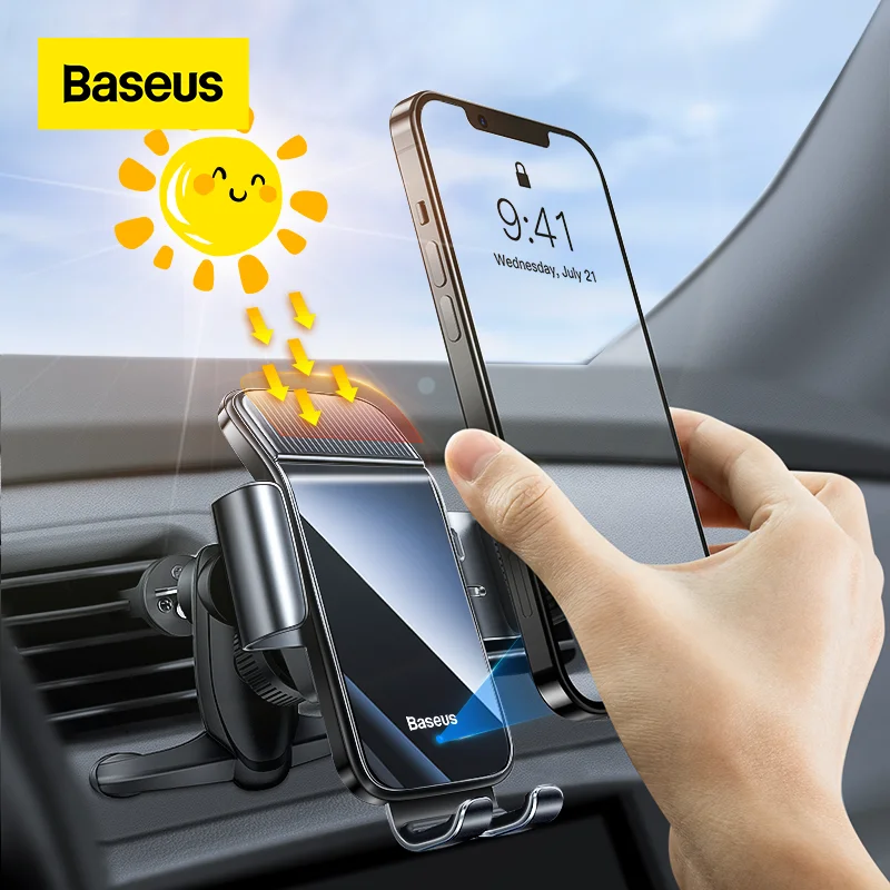 Автомобильный держатель телефона Baseus на солнечной батарее, Электрический индукционный кронштейн для iPhone 13, держатель мобильного телефона Xiaomi, автомобильный зажим для вентиляционного отверстия, подставка для телефона