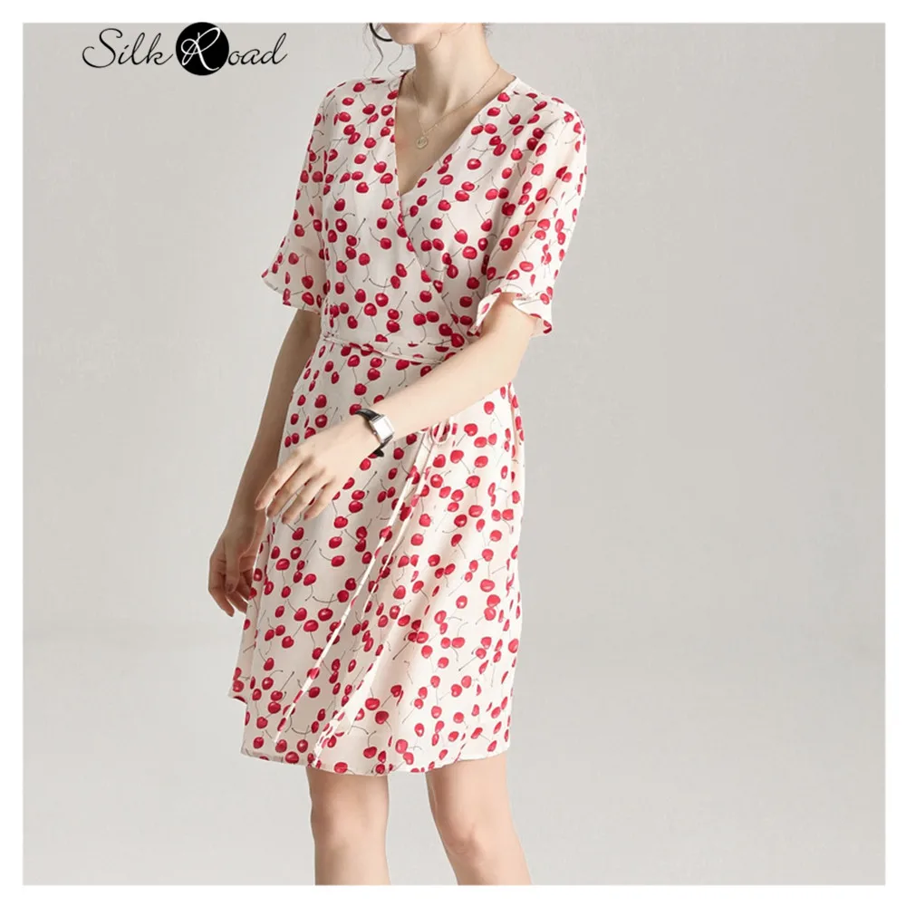 Аутентичное шелковое платье Silviye Cherry с принтом, женское платье для чаепития из шелка тутового цвета средней длины с коротким рукавом, лето 2020