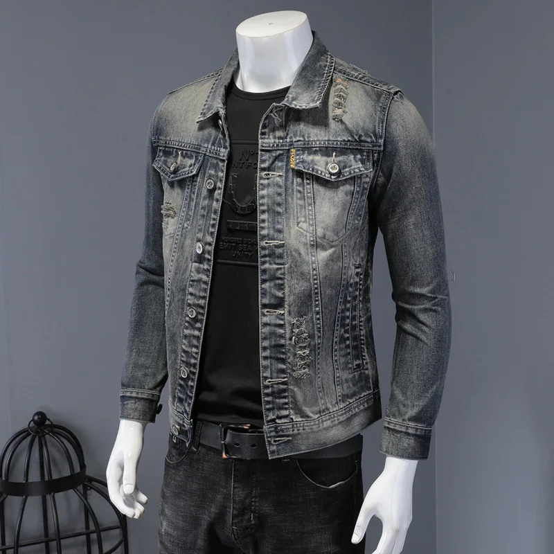 Весенне-осенняя модная джинсовая куртка Для мужчин, Модная рваная джинсовая куртка Для мужчин, Приталенная джинсовая куртка с лацканами, Мужская Джинсовая куртка Для мужчин