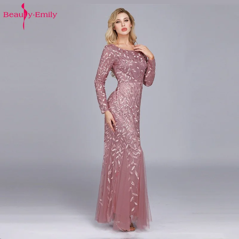 Вечерние платья Beauty-Emily с круглым вырезом и длинными рукавами, аппликации из пайеток, Тюлевое плиссированное вечернее платье Русалки для мусульманского Vestido de noche