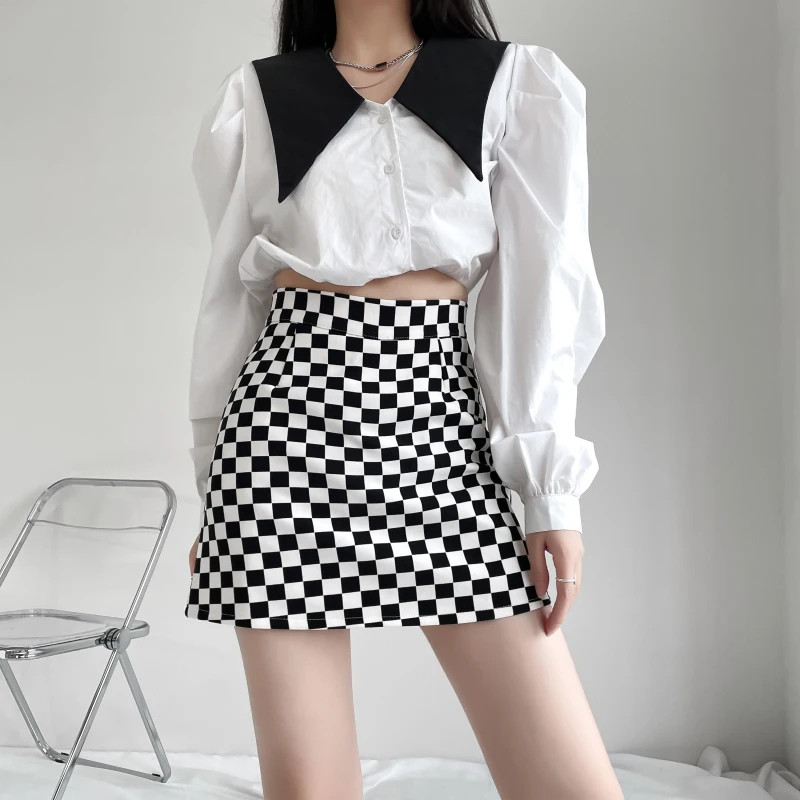 Винтажная Черно-белая юбка в клетку Y2k, Женская Корейская Мода, Тонкие Юбки Миди с принтом 