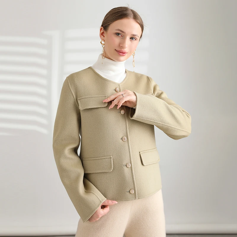 Двустороннее шерстяное пальто ручной работы из 100% шерсти, Женский короткий топ, приталенный Модный кардиган с круглым вырезом, осенне-зимнее теплое пальто