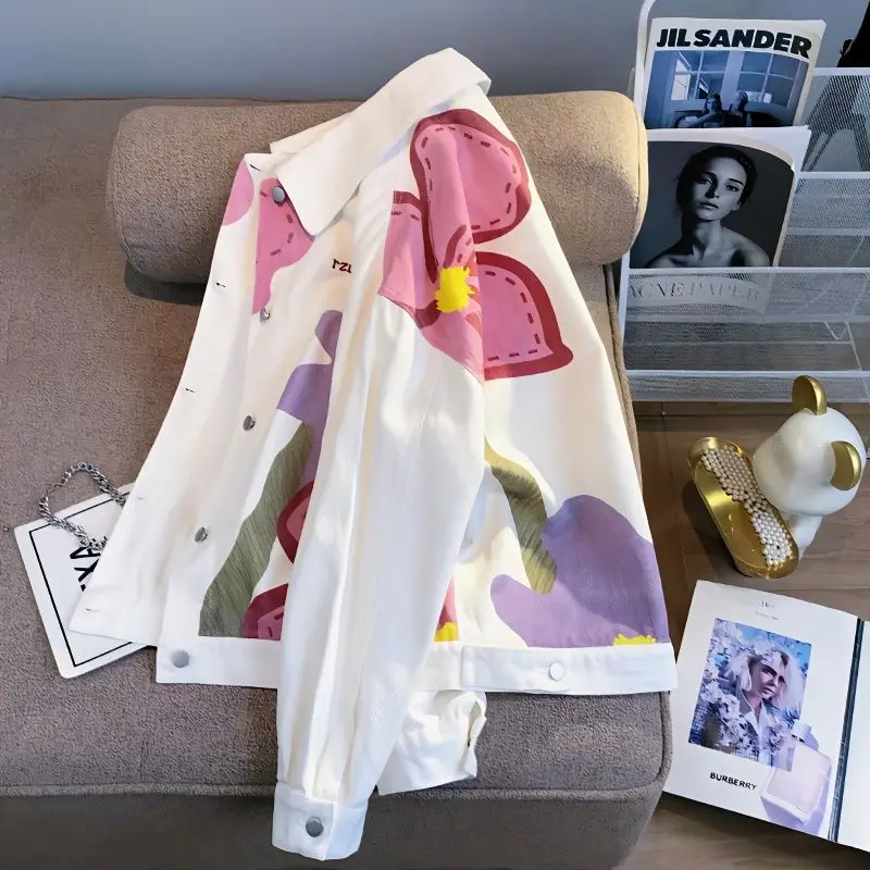 Дизайнерское нишевое джинсовое пальто с цветочным рисунком, Женская весенняя новинка 2023, Повседневная Свободная куртка, пальто
