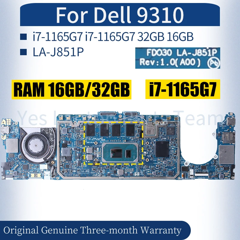 Для ноутбука Dell 9310 Материнская плата LA-J851P 0062CR 0NVVG0 i7-1165G7 i7-1165G7 32 ГБ 16 ГБ Материнская плата для ноутбука