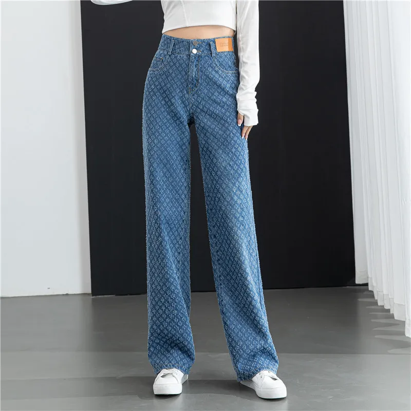 Жаккардовые джинсы, женские широкие брюки с прямыми штанинами, весна 2023, новая одежда для похудения с высокой талией, джинсовая ткань с легкой полосой