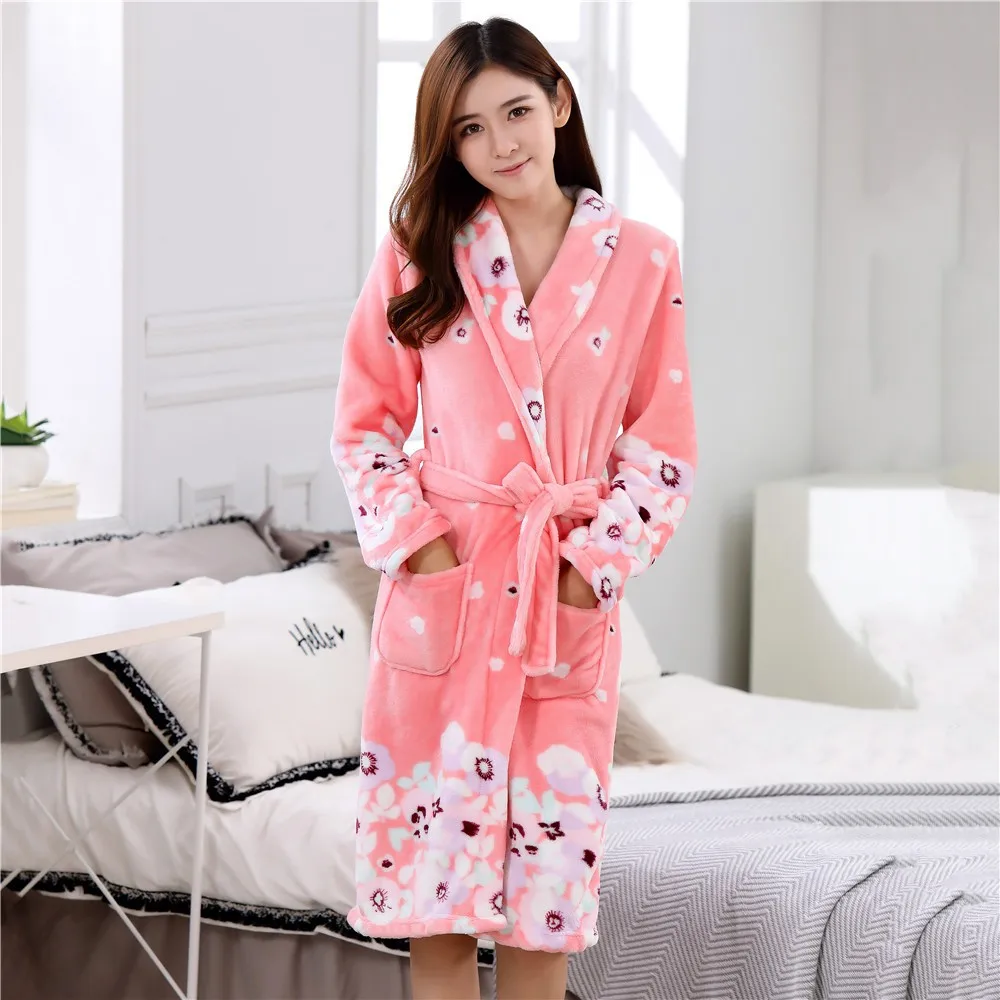 Женская зимняя теплая ночная рубашка Мягкое фланелевое кимоно Халат Пижамы с принтом Интимное белье Домашняя одежда из кораллового флиса