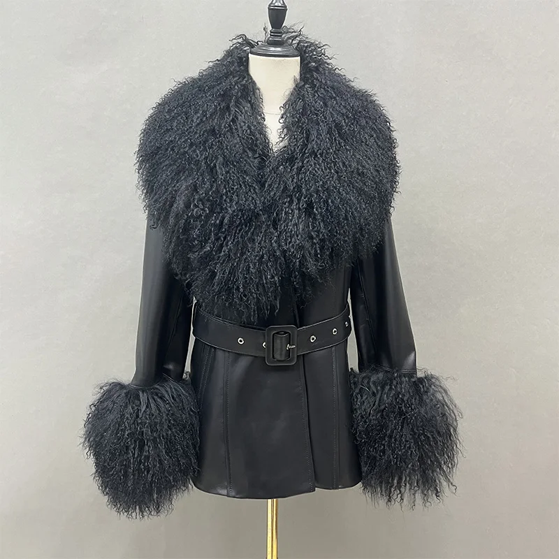 Женская Кожаная куртка Из натурального монгольского Меха, Натуральная овчина, Съемный воротник-манжета, пальто FG5435