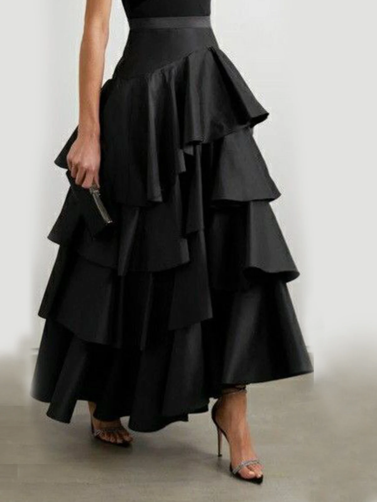 Женская Многослойная юбка для торта с рюшами и завышенной Талией, Элегантная юбка для гостей на свадьбу Y2K, Однотонные винтажные черные юбки Трапециевидной формы