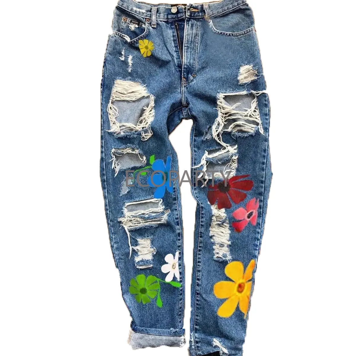 Женские Рваные джинсы с цветочным рисунком, брюки с высокой талией и цветочным принтом, Повседневные брюки из 100% хлопка, прямые джинсы