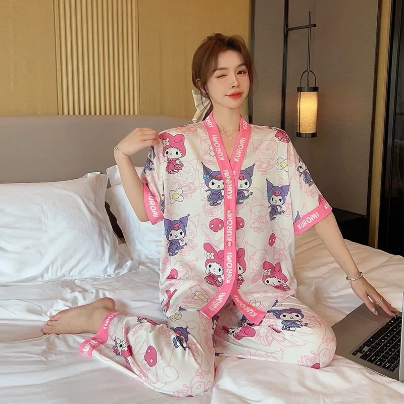 Женский Пижамный комплект, Пижама с принтом, Шелковая пижама с длинным рукавом, Роскошная одежда для отдыха, Пижамный комплект