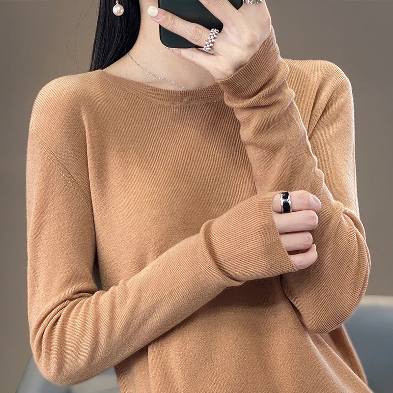 Женский пуловер из 100% шерсти, Новое поступление, Женский теплый мягкий базовый джемпер с круглым вырезом и длинным рукавом, однотонная рубашка высокой эластичности