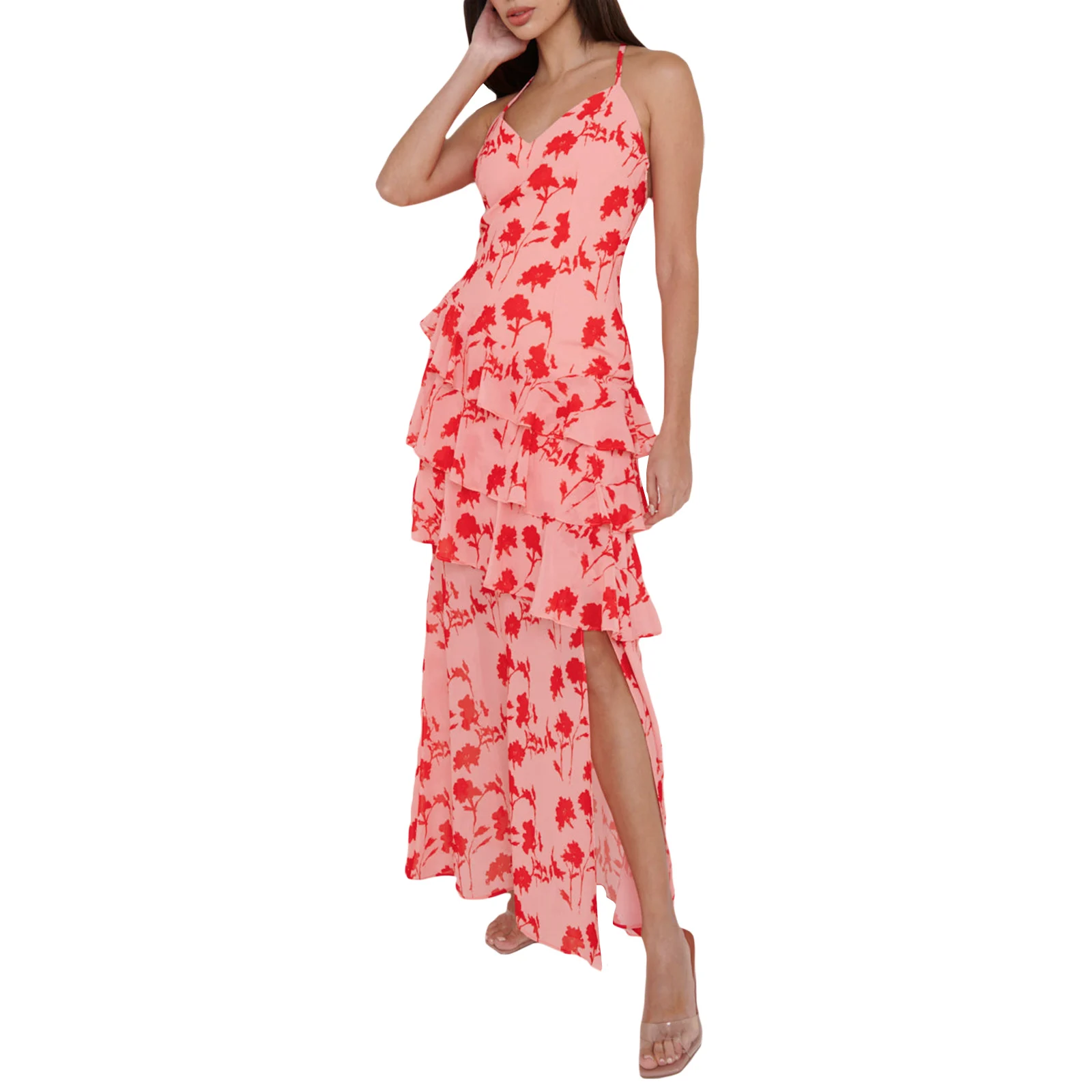 Женское летнее Длинное пляжное платье, Модное милое розовое праздничное платье без рукавов с открытой спиной, разрезом, рюшами и цветочным принтом