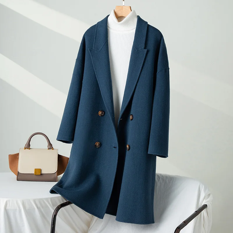 Женское пальто средней длины 2022, Осенне-зимнее Новое Высококачественное двубортное пальто из 100% шерсти, Корейская мода, высококачественная посылка