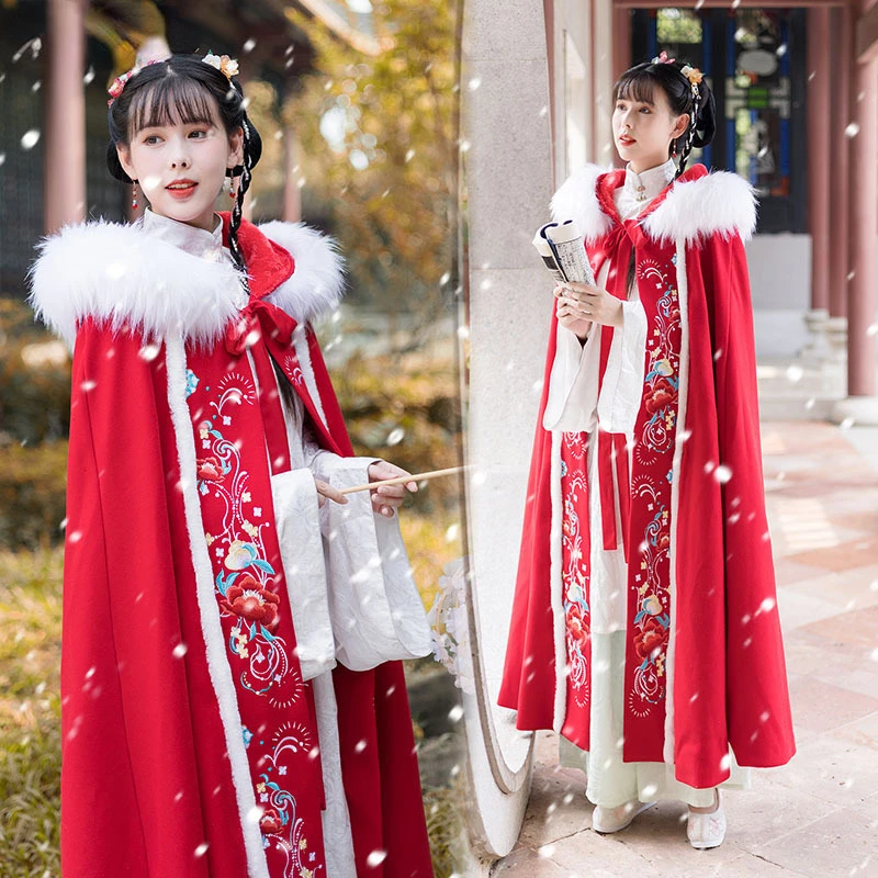 Зимний Толстый плащ Ханфу, Китайская традиционная накидка-плащ, Рождественский костюм, Красный Женский Карнавальный Косплей, Восточный плащ с капюшоном