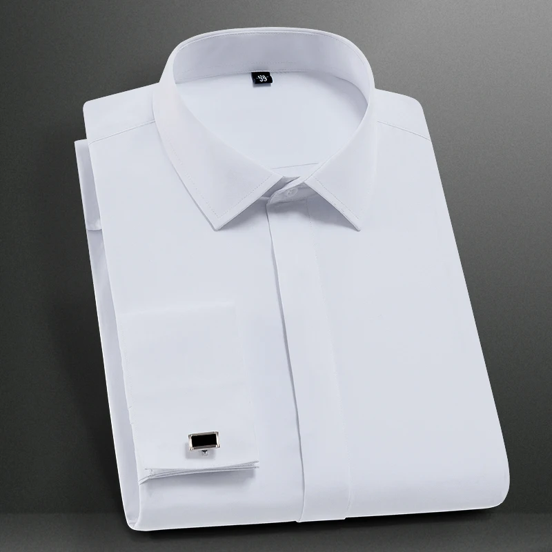 Классическая Мужская Рубашка с Французскими Манжетами, Длинный рукав, Закрытая Планка, Официальные Деловые Белые Рубашки Стандартного Покроя Для работы в Офисе S-4XL