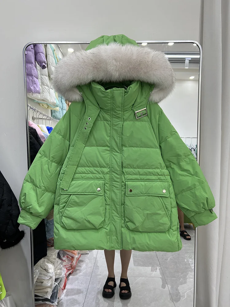 Куртка с капюшоном из крупного натурального лисьего меха 2023, Корейское Свободное Женское пальто на 90% Утином пуху, Зимняя пуховая парка