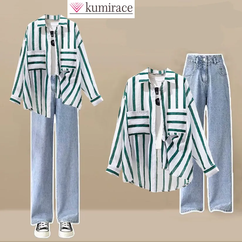 Летняя Полосатая шифоновая рубашка в стиле пэчворк, широкие брюки, Джинсы, Комплект элегантных женских брюк из двух предметов, Повседневная одежда, спортивные костюмы