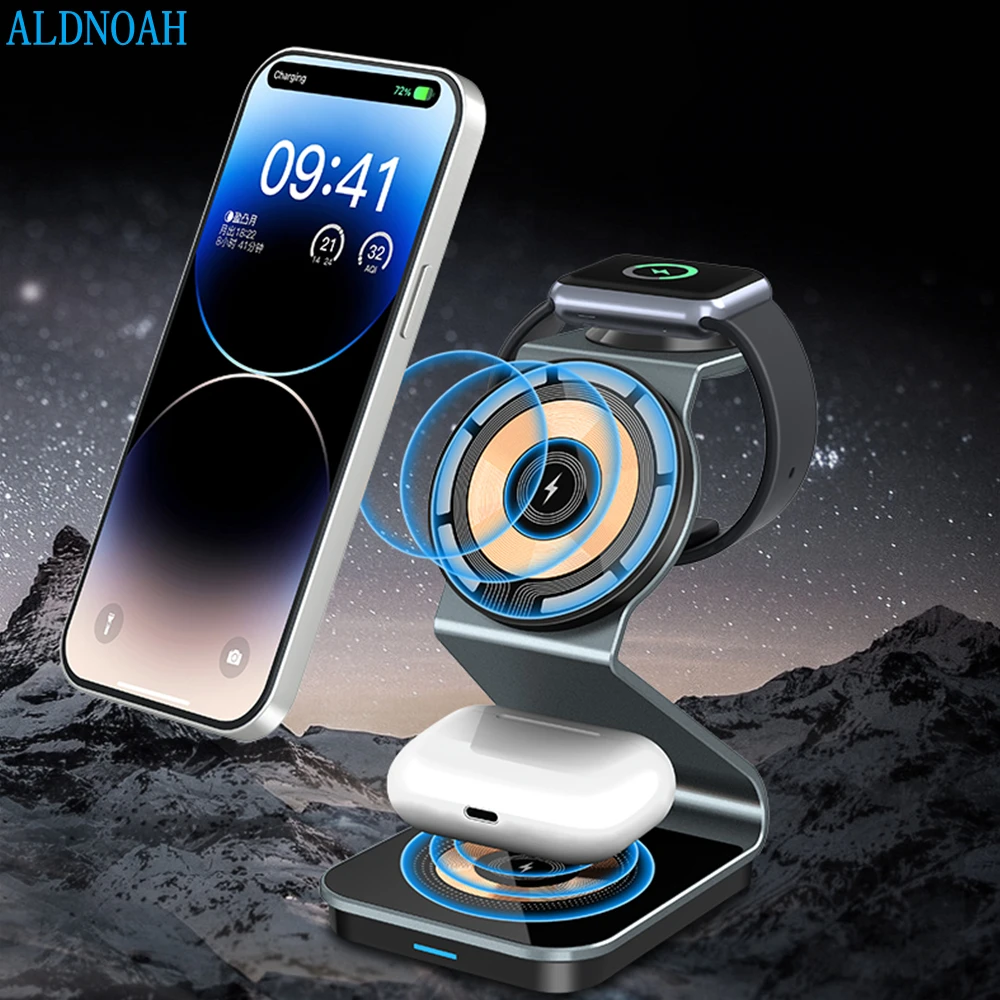 Магнитное Беспроводное Зарядное устройство мощностью 15 Вт 3 в 1 из Алюминия для iPhone 14 13 12 Pro Max AirPod Pro 3 Apple Watch 8 7 6 5 Быстрая Зарядная станция