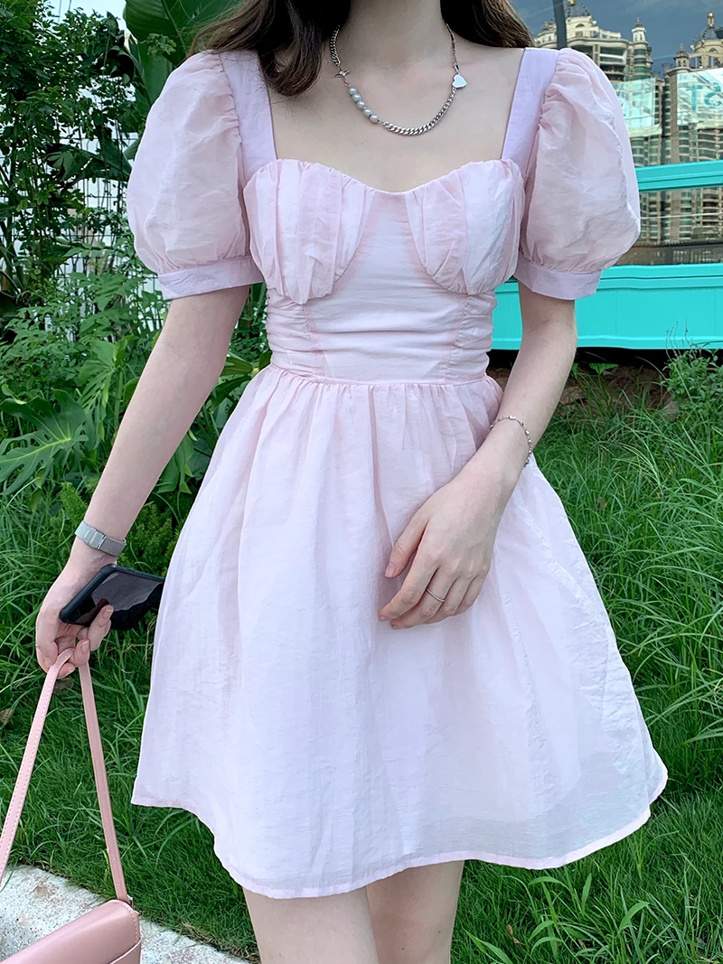 Милое Розовое платье с рукавами-пузырями, Женское Летнее платье Трапециевидной формы на шнуровке с открытой спиной, Новинка 2023, Vestidos De Mujer, Женское Мини-платье