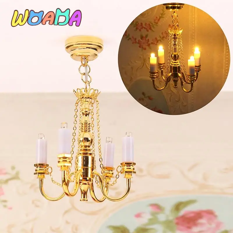 Миниатюрная лампа для кукольного домика 1: 12, светодиодный потолочный светильник, золотая люстра с подсветкой, модель мебели для декора кукольного дома, детские игрушки