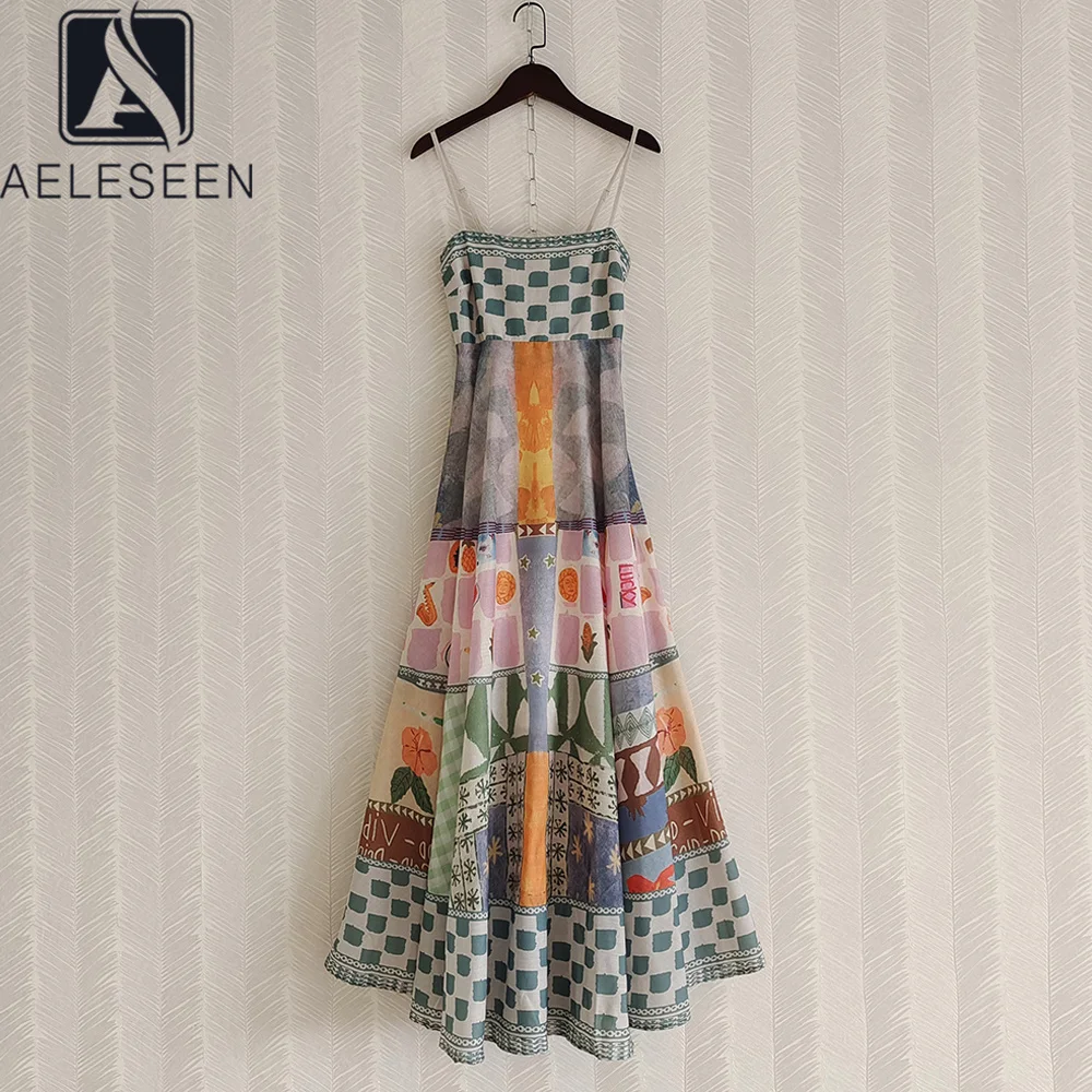 Модное дизайнерское платье AELESEEN 2022, Весна-лето, женский Длинный Камзол на тонких бретельках с цветочным принтом в клетку для отпуска